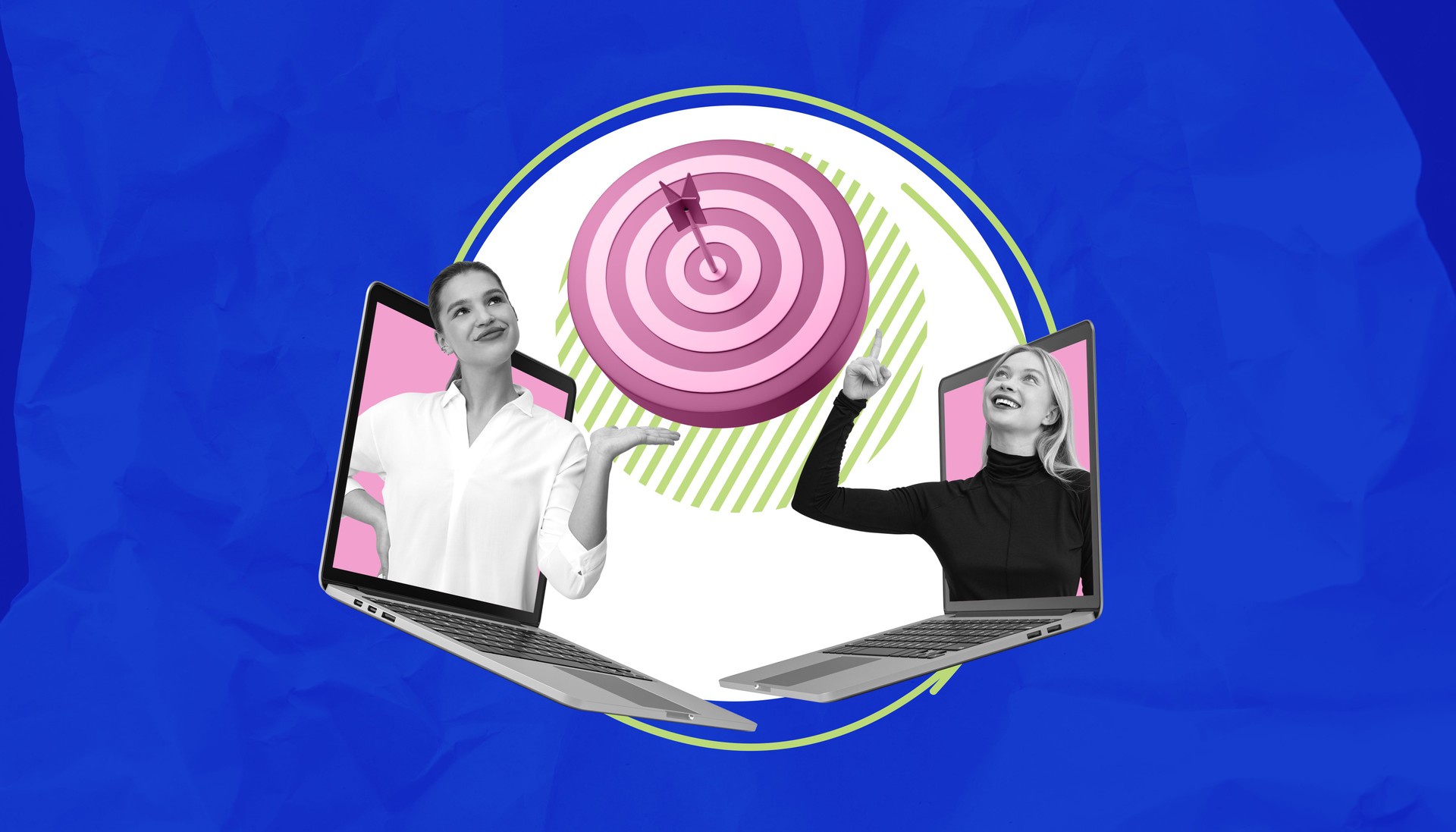 Two women emerging from laptops pointing at a bullseye target on