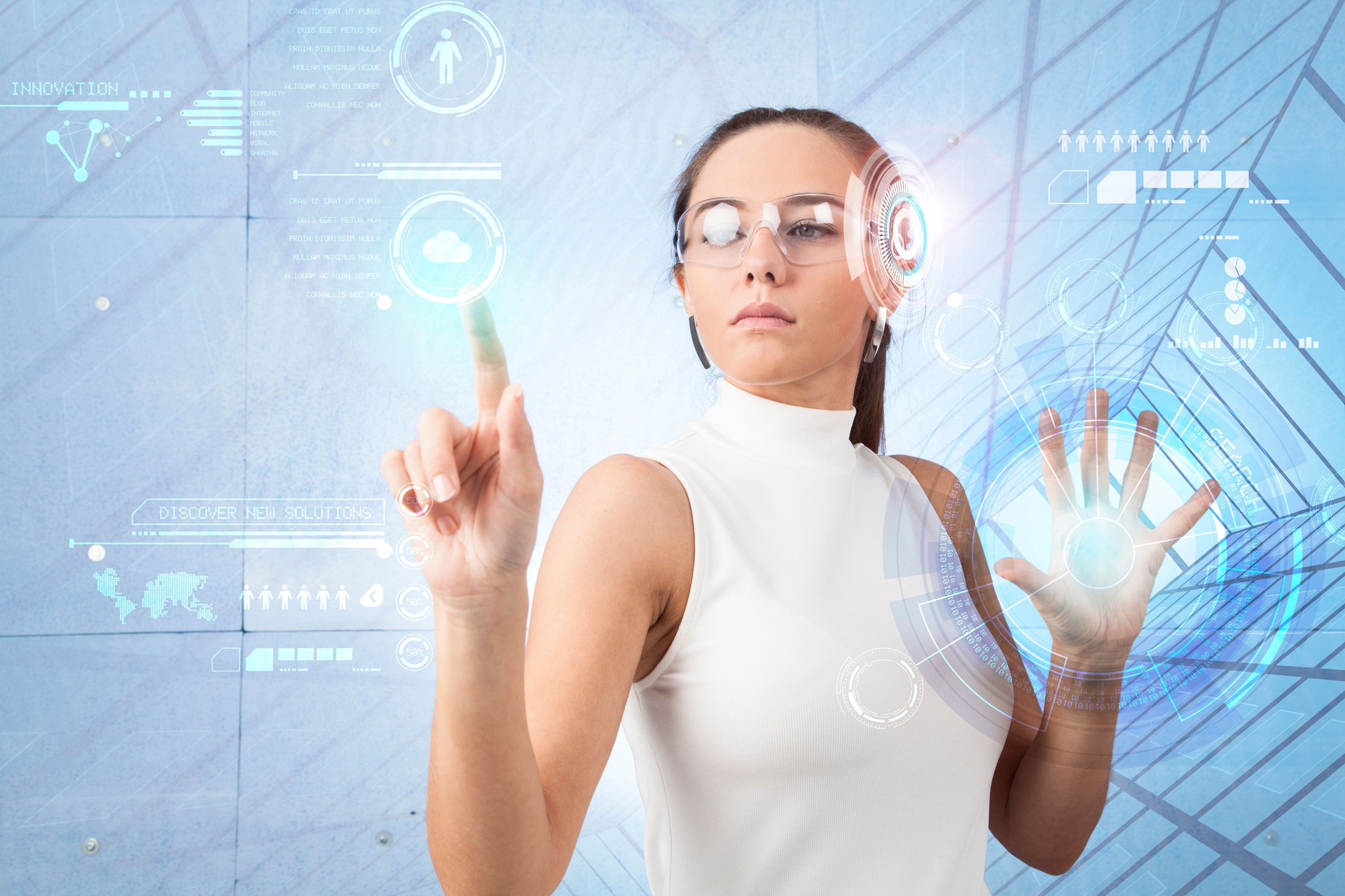 Woman touching the virtual future interface